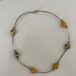 Silver Choker Necklace with Floral and Butterfly Yellow Beads